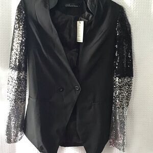 Stylish Black Blazer with Silver Sequin Sleeves